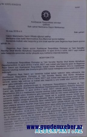 Xalıqverdi Hüseynov məhkəmə qərarını saymamaqla Ekologiya və Təbii Sərvətlər Nazirinə təxribat hazırlayır-Şikayət