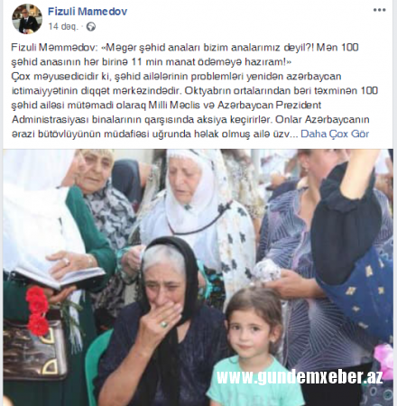 Azərbaycanlı iş adamı: "100 şəhid anasının hər birinə 11 min manat ödəməyə hazıram"