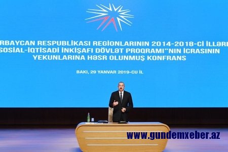 Prezident İlham Əliyev "Regionların 2014-2018-ci illərdə sosial-iqtisadi inkişafı Dövlət Proqramı"nın icrasının yekunlarına həsr olunan konfransda iştirak edir
