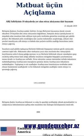 ABŞ Səfirliyi: Həbsdə olan şəxlərin tezliklə azadlığa buraxılması təmin etməyə çağırırıq