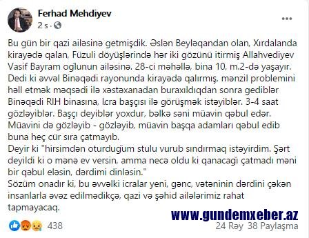 Binəqədi icra başçısı iki gözünü itirən qazimizə qarşı SAYĞISIZLIQ - Prezident “Cəsur döyüşçü” adı verib 